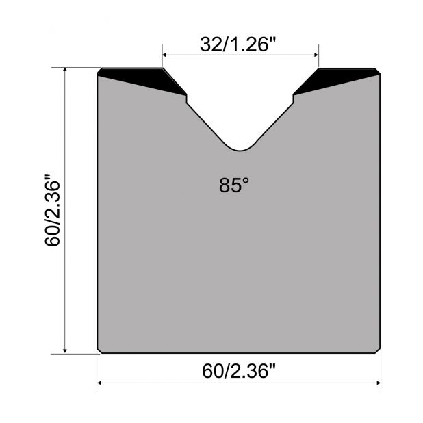 Matrici a 1-V R1 con altezza=60mm, α=85°, Raggio=4mm, Materiale=C45, Portata massima=1000ton/m.