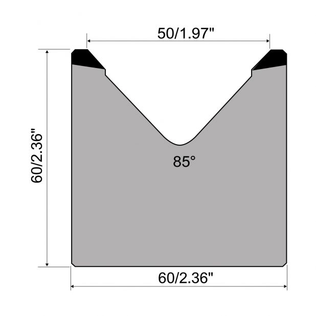 Matrici a 1-V R1 con altezza=60mm, α=85°, Raggio=4mm, Materiale=C45, Portata massima=1000kN/m.