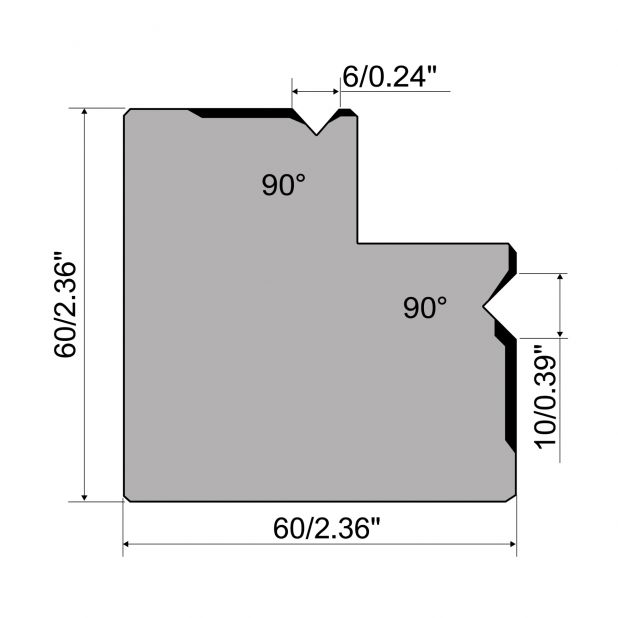 Matrice multi-V R1 con altezza=60mm, α=90°, Materiale=C45, Portata massima=1000kN/m.