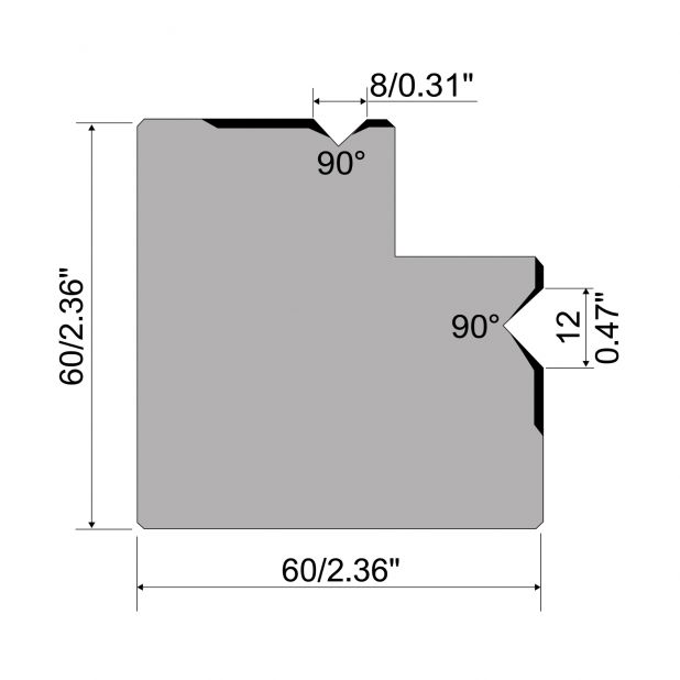 Matrice multi-V R1 con altezza=60mm, α=90°, Materiale=C45, Portata massima=1000ton/m.
