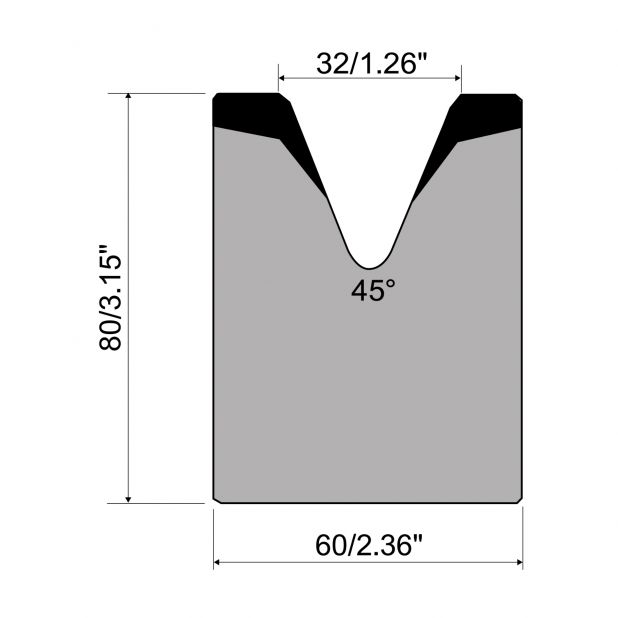 Matrici a 1-V R1 con altezza=80mm, α=45°, Raggio=4mm, Materiale=C45, Portata massima=1000kN/m.