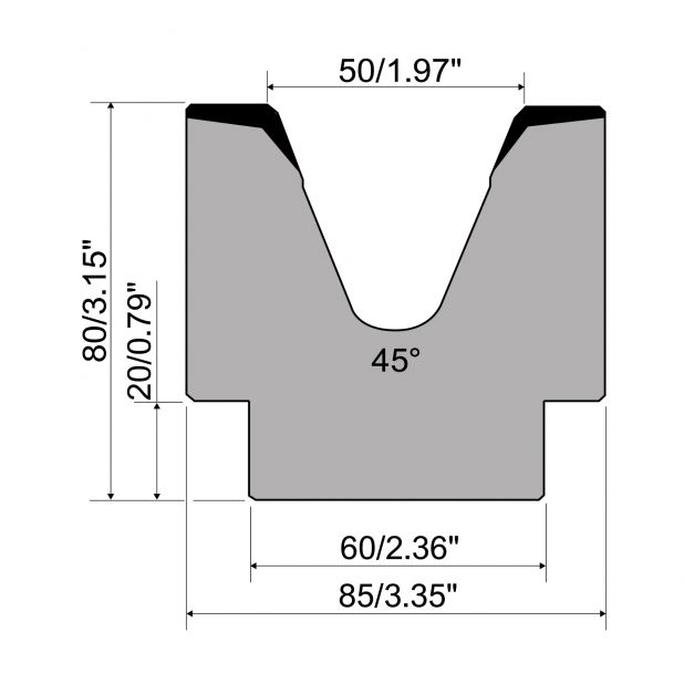 Matrici a 1-V R1 con altezza=80mm, α=45°, Raggio=4mm, Materiale=C45, Portata massima=950kN/m.