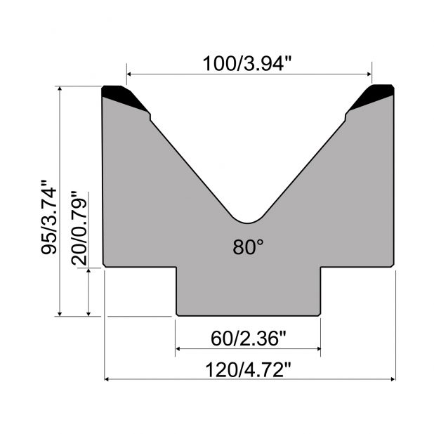 Matrici a 1-V R1 con altezza=95mm, α=80°, Raggio=8mm, Materiale=C45, Portata massima=1000kN/m.