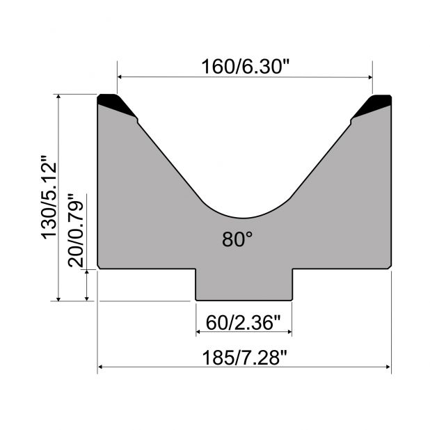 Matrici a 1-V R1 con altezza=130mm, α=80°, Raggio=10mm, Materiale=C45, Portata massima=700kN/m.