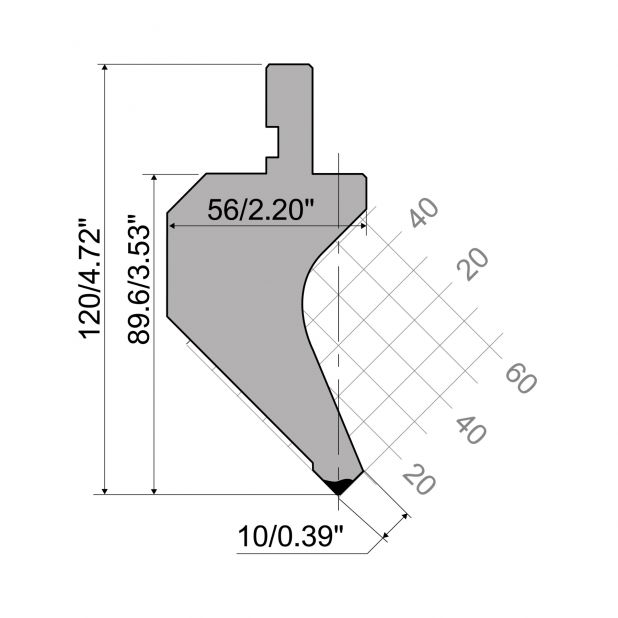 Punzone R1 con altezza di lavoro=89,6mm, α=88°, Raggio=0,25mm, Materiale=C45, Portata massima=600ton/m.