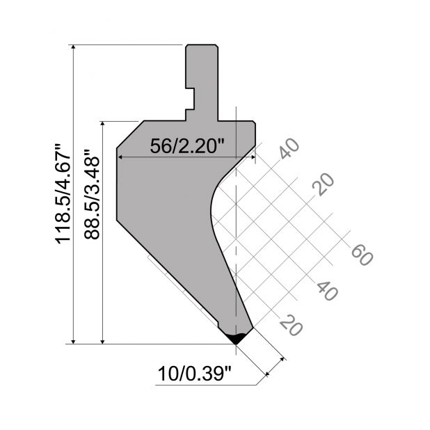 Punzone R1 con altezza di lavoro=88,5mm, α=88°, Raggio=3mm, Materiale=C45, Portata massima=600ton/m.