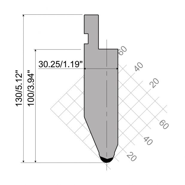 Punzone R1 con altezza di lavoro=100mm, α=45°, Raggio=6mm, Materiale=C45, Portata massima=1000ton/m.