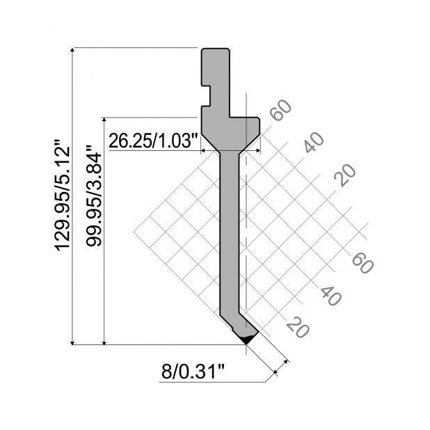 Punzone R1 con altezza di lavoro=99,95mm, α=85°, Raggio=0,25mm, Materiale=42Cr, Portata massima=350ton/m.