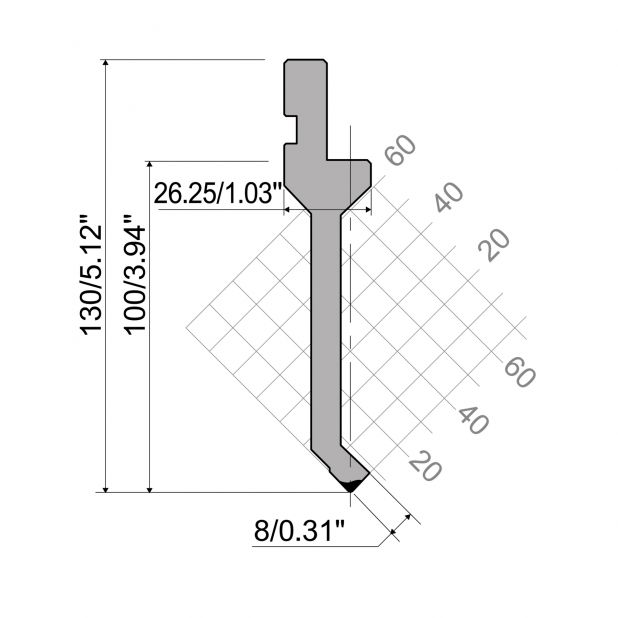 Punzone R1 con altezza di lavoro=100mm, α=88°, Raggio=0,6mm, Materiale=42Cr, Portata massima=350ton/m.