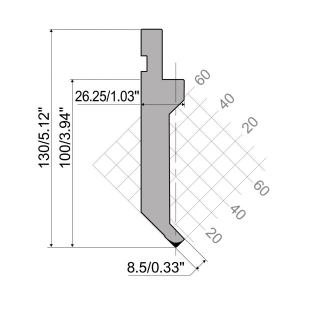 Punzone R1 con altezza di lavoro=100mm, α=88°, Raggio=0,8mm, Materiale=C45, Portata massima=400ton/m.
