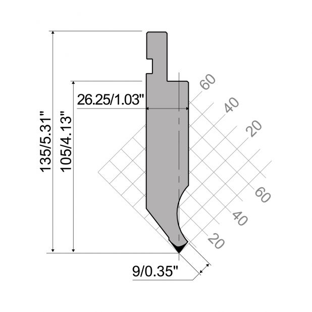 Punzone R1 con altezza di lavoro=105mm, α=75°, Raggio=0,8mm, Materiale=42Cr, Portata massima=1000ton/m.