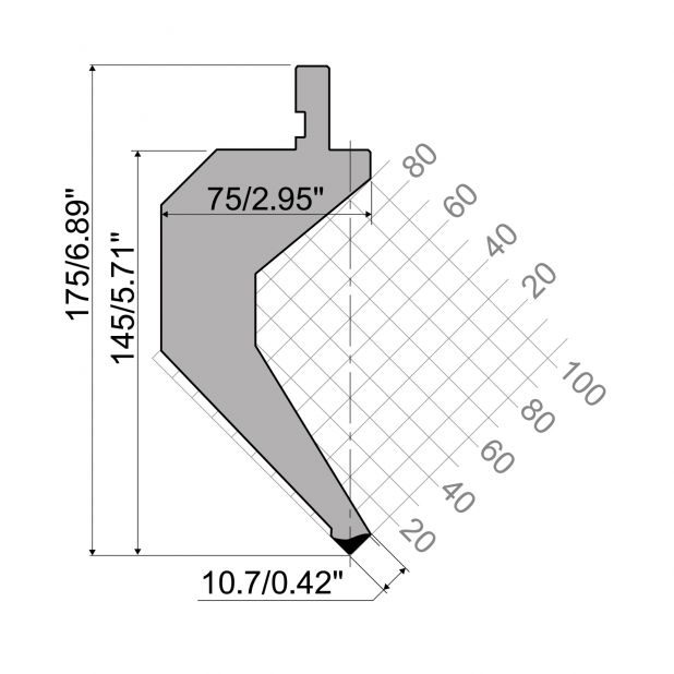 Punzone R1 con altezza di lavoro=145mm, α=88°, Raggio=0,8mm, Materiale=C45, Portata massima=500ton/m.
