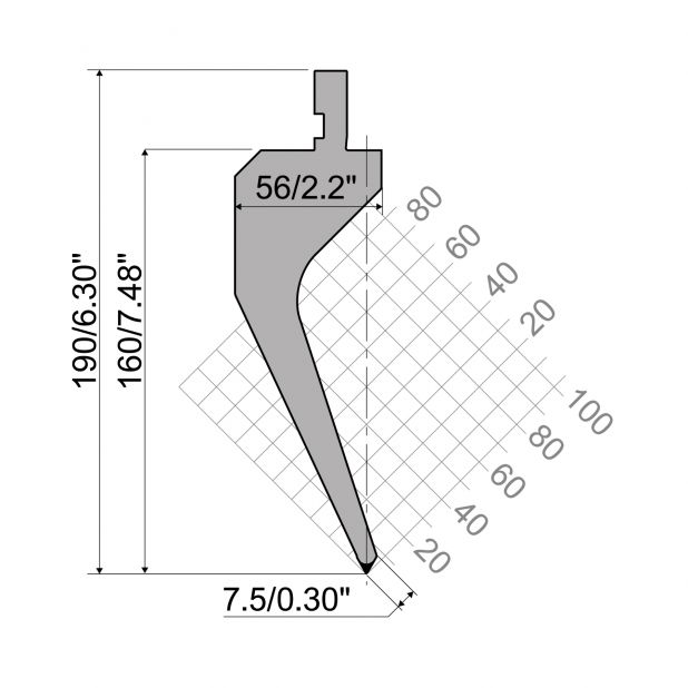 Punzone R1 con altezza di lavoro=160mm, α=60°, Raggio=0,8mm, Materiale=C45, Portata massima=400ton/m.