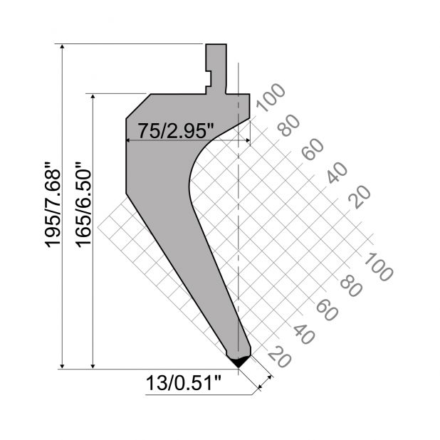 Punzone R1 con altezza di lavoro=165mm, α=88°, Raggio=0,8mm, Materiale=C45, Portata massima=600ton/m.