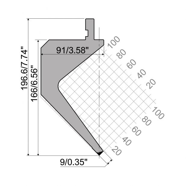 Punzone R1 con altezza di lavoro=166,6mm, α=88°, Raggio=0,6mm, Materiale=C45, Portata massima=300ton/m.
