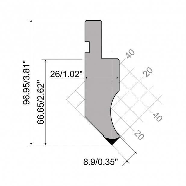 Punzone R1 con altezza di lavoro=66,6mm, α=88°, Raggio=0,25mm, Materiale=C45, Portata massima=1000ton/m.