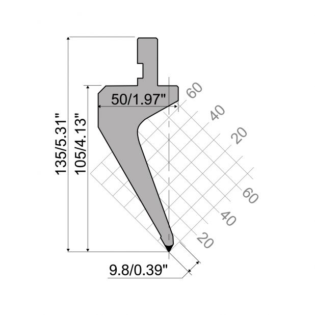 Punzone R1 con altezza di lavoro=105mm, α=60°, Raggio=0,8mm, Materiale=42Cr, Portata massima=700ton/m.
