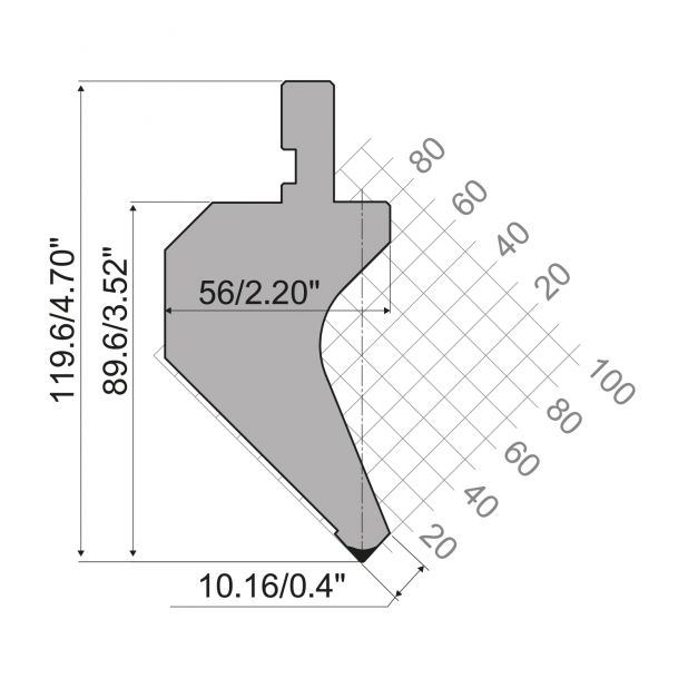 Punzone R1 con altezza di lavoro=89,6mm, α=85°, Raggio=0,8mm, Materiale=C45, Portata massima=600ton/m.