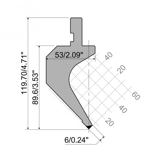 Punzone R1 con altezza di lavoro=89,7mm, α=88°, Raggio=0,8mm, Materiale=C45, Portata massima=450ton/m.