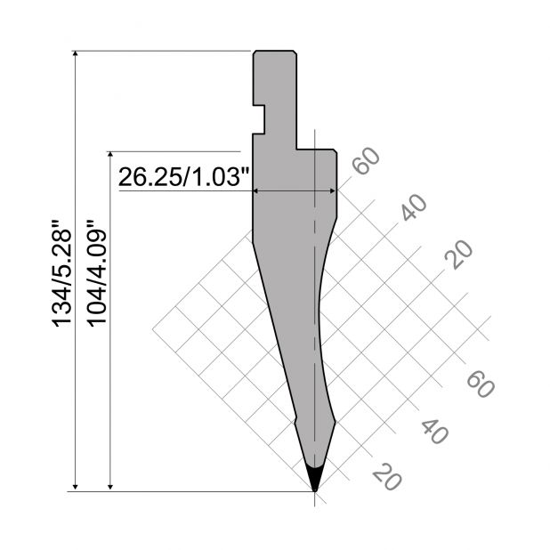 Punzone R1 con altezza di lavoro=104mm, α=30°, Raggio=0,8mm, Materiale=C45, Portata massima=700ton/m.