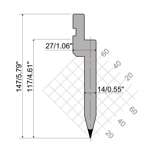 Punzone R1 con altezza di lavoro=117mm, α=26°, Raggio=0,8mm, Materiale=C45, Portata massima=1000ton/m.