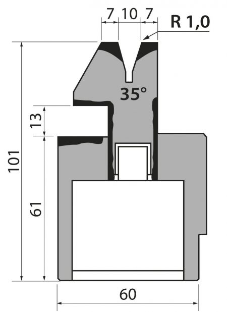 Matrice piegaschiaccia pneumatico tipo R1 con altezza totale=101mm, α=35°, Raggio=1mm, Materiale=C45, Portat
