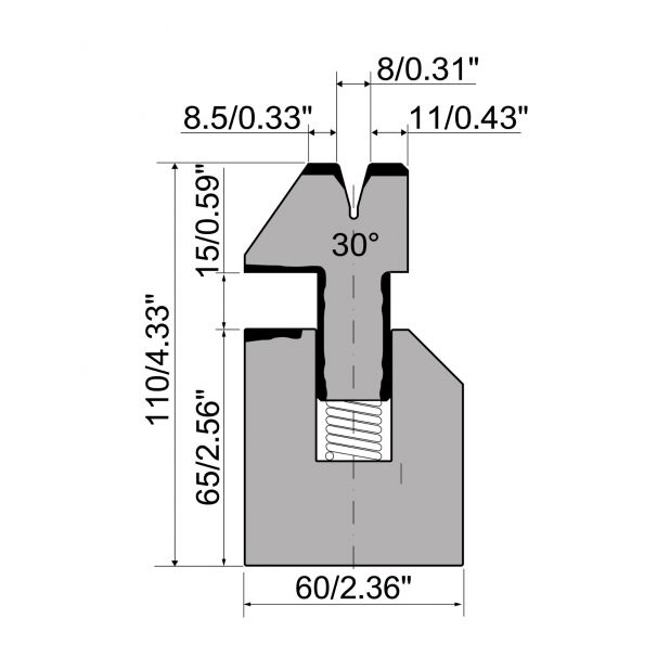 Matrice piegaschiaccia con molle tipo R1 con altezza totale=110mm, α=30°, Raggio=1,5mm, Materiale=C45, Porta