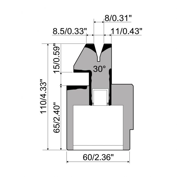 Matrice piegaschiaccia pneumatico tipo R1 con altezza totale=135mm, α=26°, Raggio=1,5mm, Materiale=C45, Port