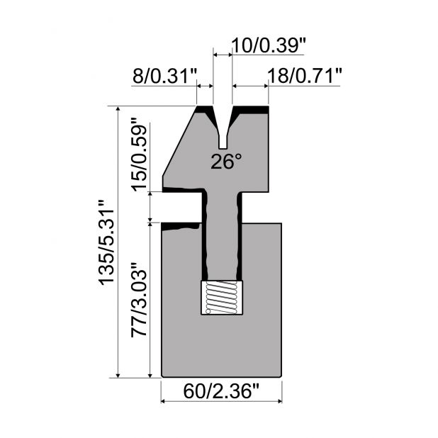 Matrice piegaschiaccia con molle tipo R1 con altezza totale=135mm, α=26°, Raggio=1,5mm, Materiale=C45, Porta