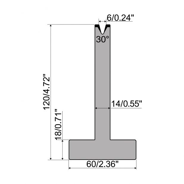 Matrici a T R1 con altezza=120mm, α=30°, Raggio=0,6mm, Materiale=C45, Portata massima=350ton/m.