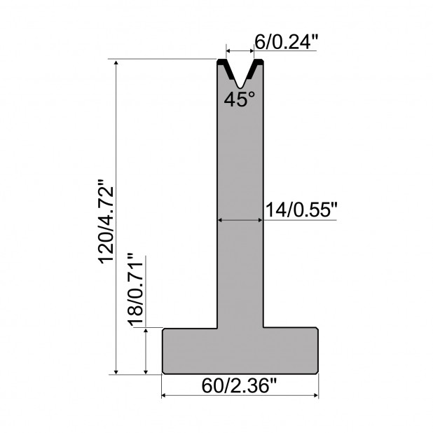 Matrici a T R1 con altezza=120mm, α=45°, Raggio=0,8mm, Materiale=C45, Portata massima=500kN/m.