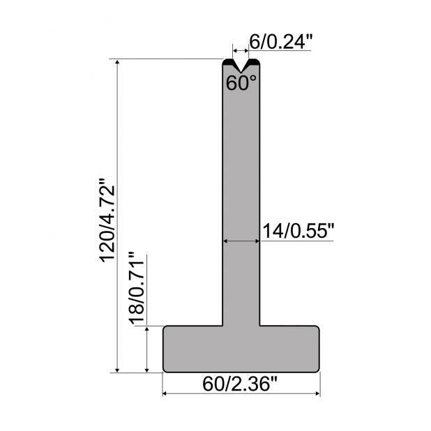 Matrici a T R1 con altezza=120mm, α=60°, Raggio=1,5mm, Materiale=C45, Portata massima=600ton/m.
