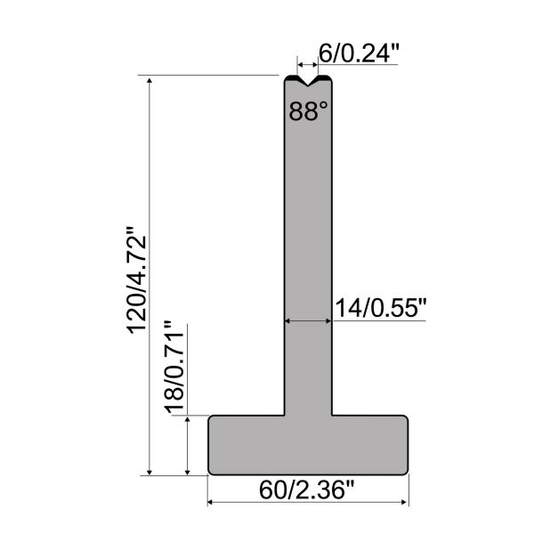 Matrici a T R1 con altezza=120mm, α=88°, Raggio=0,4mm, Materiale=C45, Portata massima=1000ton/m.