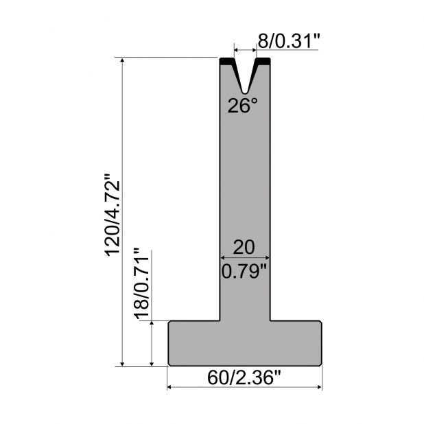 Matrici a T R1 con altezza=120mm, α=26°, Raggio=1mm, Materiale=C45, Portata massima=200ton/m.