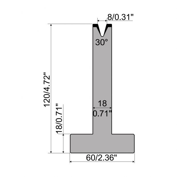 Matrici a T R1 con altezza=120mm, α=30°, Raggio=0,8mm, Materiale=C45, Portata massima=350ton/m.