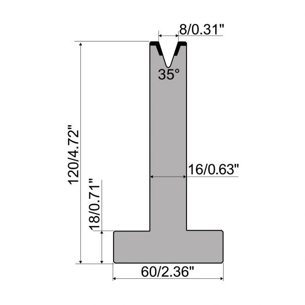Matrici a T R1 con altezza=120mm, α=35°, Raggio=1mm, Materiale=C45, Portata massima=350ton/m.