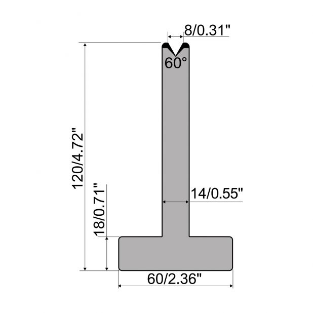 Matrici a T R1 con altezza=120mm, α=60°, Raggio=0,8mm, Materiale=C45, Portata massima=600ton/m.