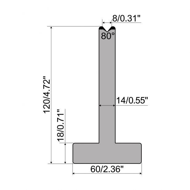 Matrici a T R1 con altezza=120mm, α=80°, Raggio=2,75mm, Materiale=C45, Portata massima=950ton/m.