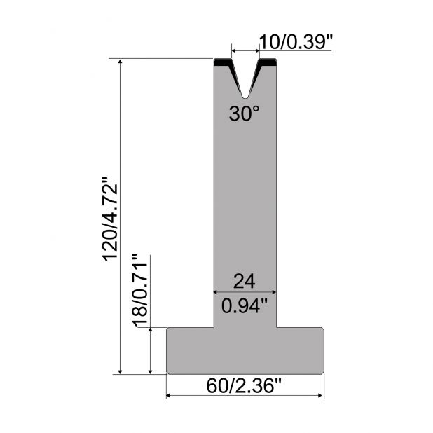 Matrici a T R1 con altezza=120mm, α=30°, Raggio=1mm, Materiale=C45, Portata massima=500ton/m.