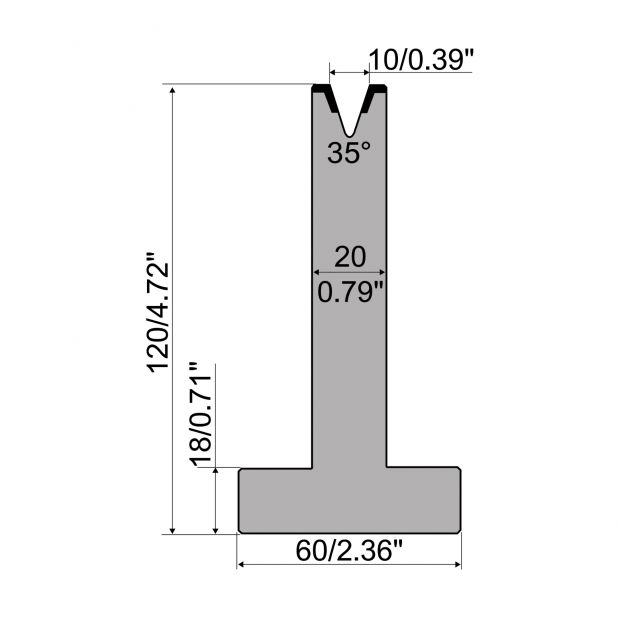 Matrici a T R1 con altezza=120mm, α=35°, Raggio=1,2mm, Materiale=C45, Portata massima=400ton/m.