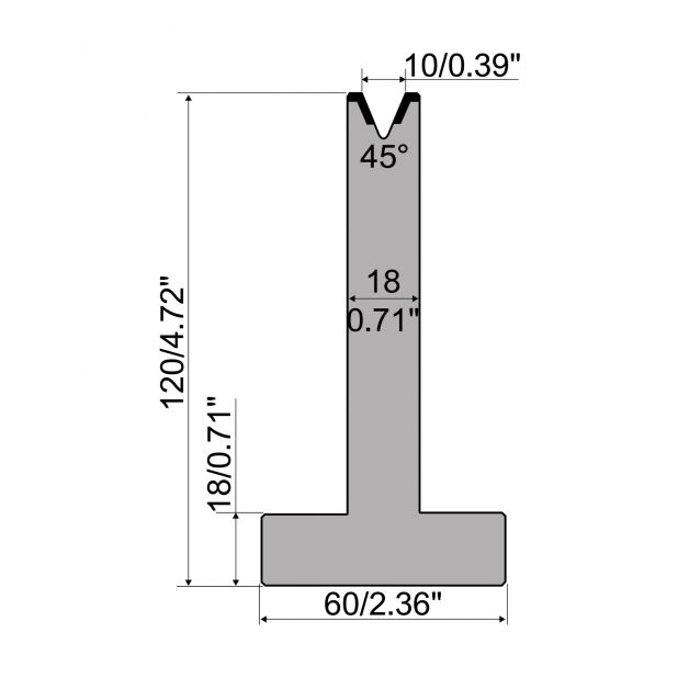 Matrici a T R1 con altezza=120mm, α=45°, Raggio=1,2mm, Materiale=C45, Portata massima=500ton/m.