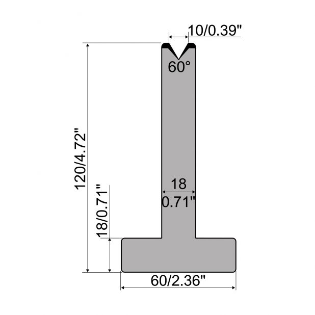 Matrici a T R1 con altezza=120mm, α=60°, Raggio=0,8mm, Materiale=C45, Portata massima=600ton/m.