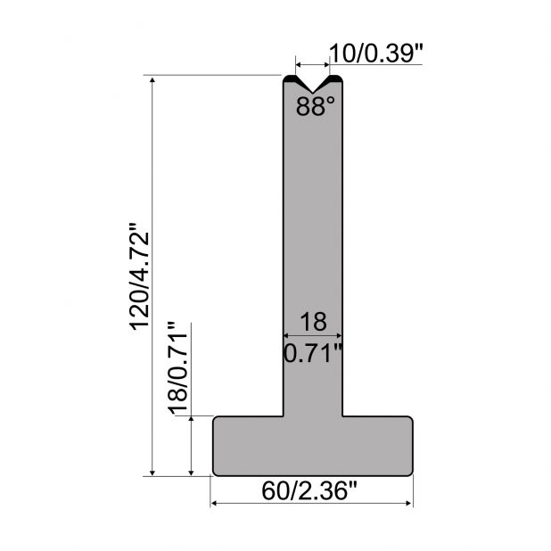 Matrici a T R1 con altezza=120mm, α=88°, Raggio=2,75mm, Materiale=C45, Portata massima=1000ton/m.
