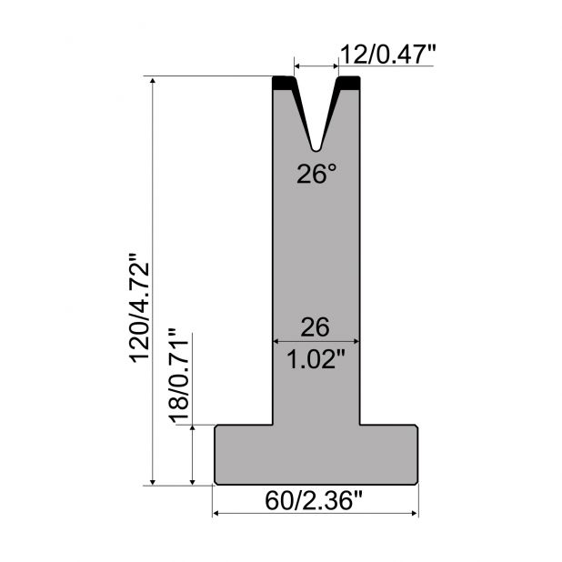 Matrici a T R1 con altezza=120mm, α=26°, Raggio=1,6mm, Materiale=C45, Portata massima=200ton/m.