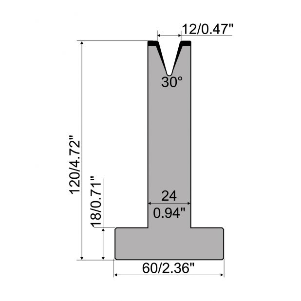 Matrici a T R1 con altezza=120mm, α=30°, Raggio=1,5mm, Materiale=C45, Portata massima=400ton/m.