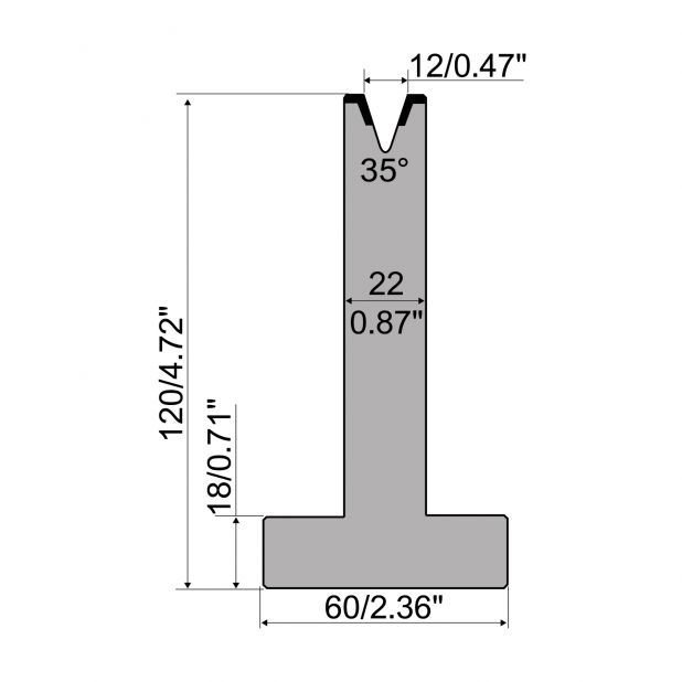 Matrici a T R1 con altezza=120mm, α=35°, Raggio=1,6mm, Materiale=C45, Portata massima=400ton/m.