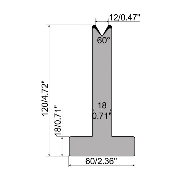 Matrici a T R1 con altezza=120mm, α=60°, Raggio=2,75mm, Materiale=C45, Portata massima=600ton/m.