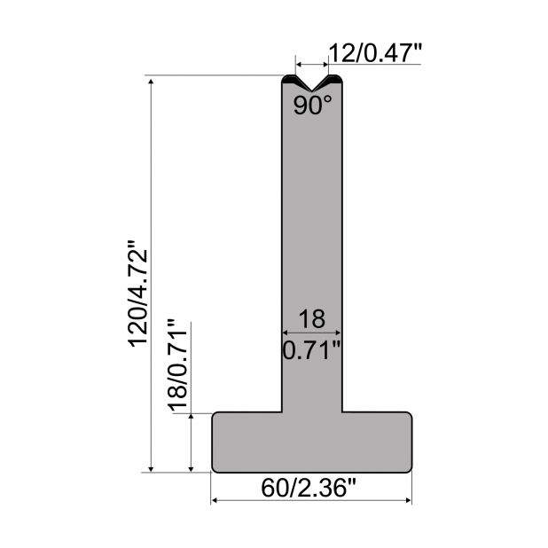 Matrici a T R1 con altezza=120mm, α=90°, Raggio=0,8mm, Materiale=C45, Portata massima=1000ton/m.