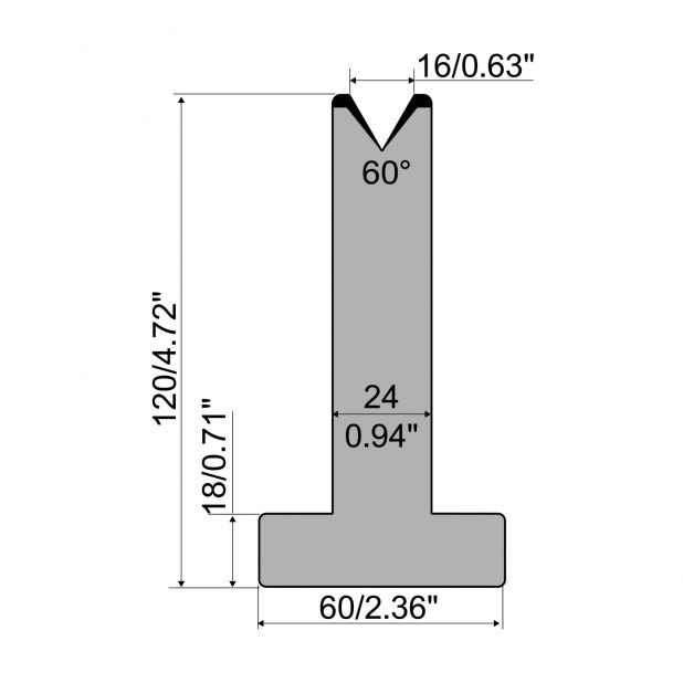 Matrici a T R1 con altezza=120mm, α=60°, Raggio=2,75mm, Materiale=C45, Portata massima=600ton/m.