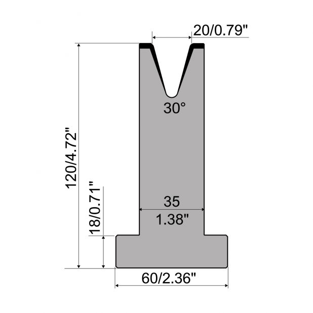 Matrici a T R1 con altezza=120mm, α=30°, Raggio=2,5mm, Materiale=C45, Portata massima=500ton/m.